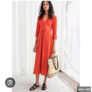 & Other Stories Dress Womens 4 Burnt Orange Midi V Neck 3/4 Sleeve Paris Atelier